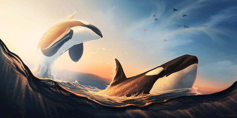 Whales Jumping Out Of The Water Digital Art , whale, whales, artist, artwork, digital-art, HD wallpaper