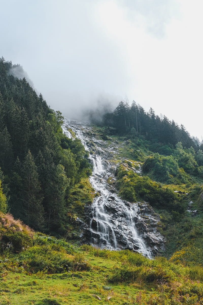 waterfall, stream, slope, trees, cloud, HD phone wallpaper