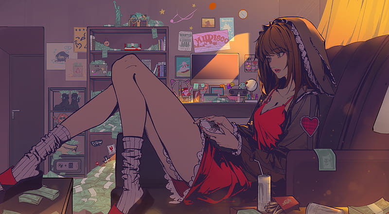 Anime, Girl, Brown Hair , Red Dress, HD wallpaper