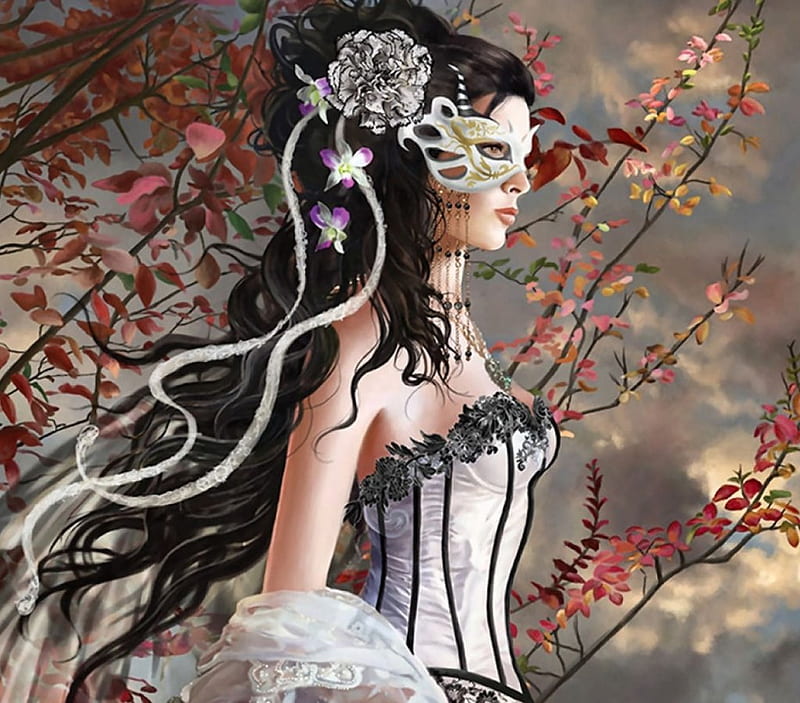 Masked Autumn F, art, autumn, bonito, illustration, artwork, painting, portrait, lady, mask, HD wallpaper