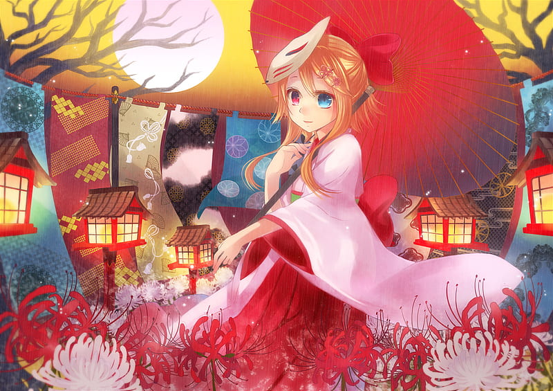 Kagamine Rin, moon, japanese, flower, umbrella, kimono, mask, light, HD wallpaper
