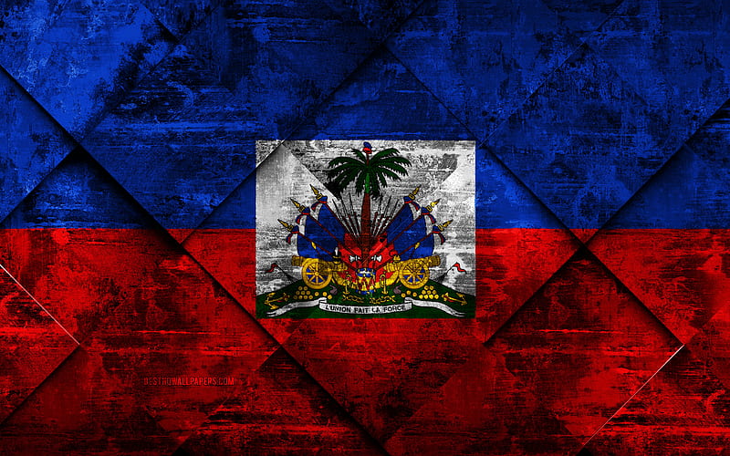 Flag of Haiti grunge art, rhombus grunge texture, Haiti flag, North America, national symbols, Haiti, creative art, HD wallpaper