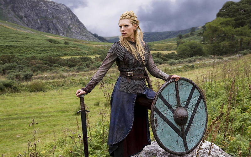 Vikings (2013– ), shield, vikings, blonde, woman, lagertha, Katheryn Winnick, girl, green, actress, tv series, sword, field, HD wallpaper