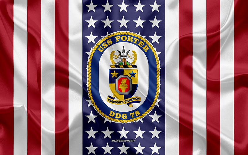 USS Porter Emblem, DDG-78, American Flag, US Navy, USA, USS Porter Badge, US warship, Emblem of the USS Porter, HD wallpaper