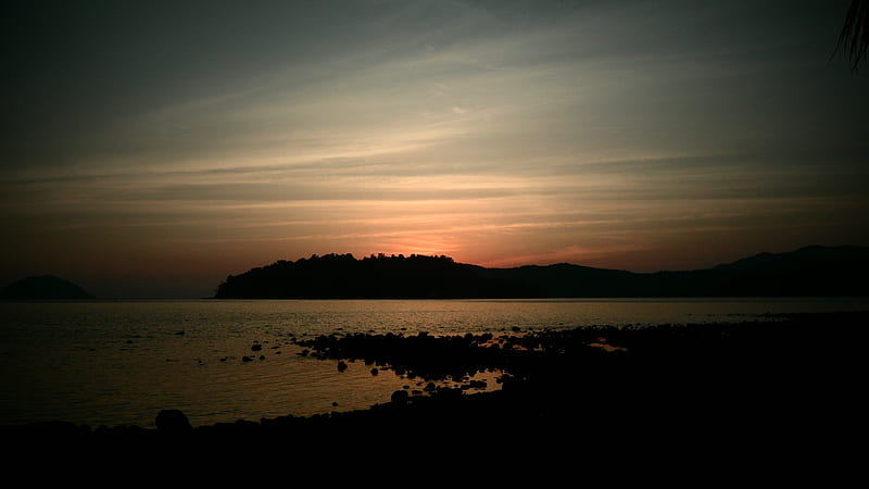Kurang Bay Sunset, rocks, cloud, sunset, vignette, sky, thailand, sea, beach, HD wallpaper