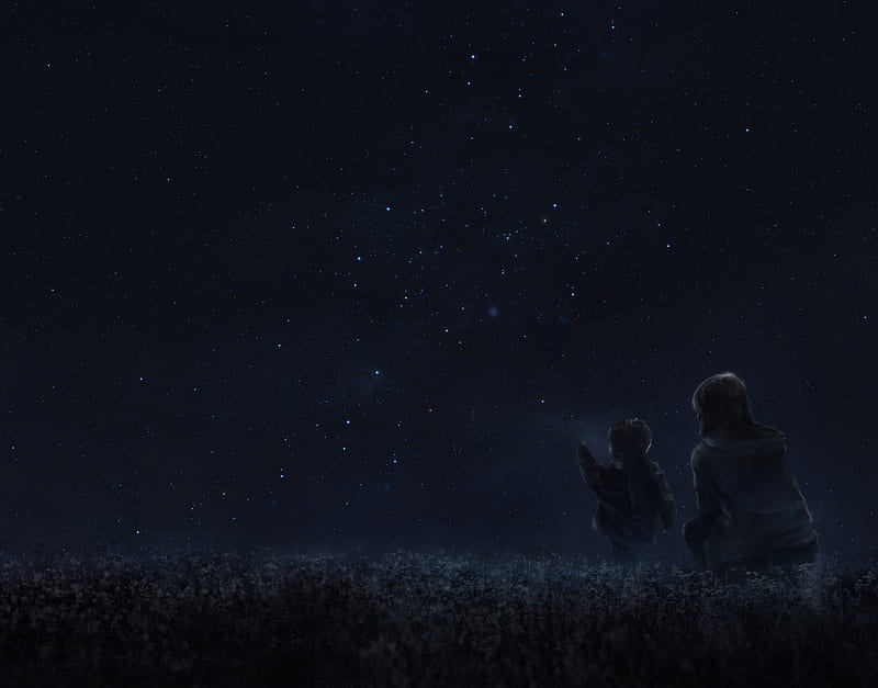 Mother and child, stars, luminos, manga, sky, mother, anime, copil, child, iy tujiki, HD wallpaper
