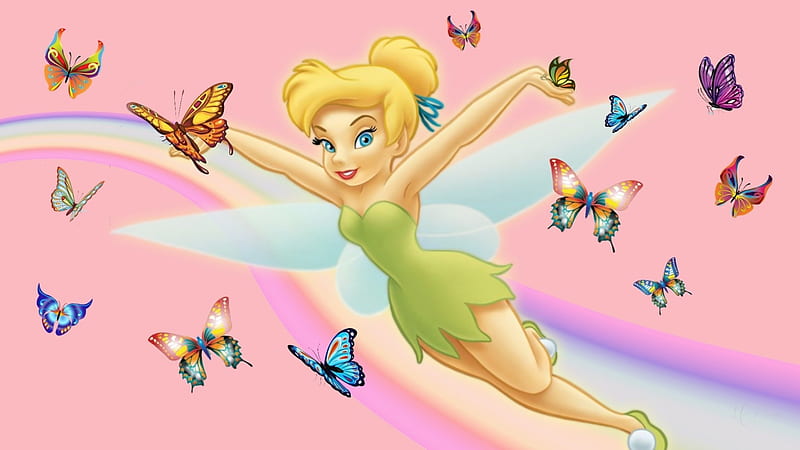 Flying with Butterflies, colorful, Disney, entertainmant, Peter Pan, rainbow, butterflies, fairy, Tinkerbell, HD wallpaper