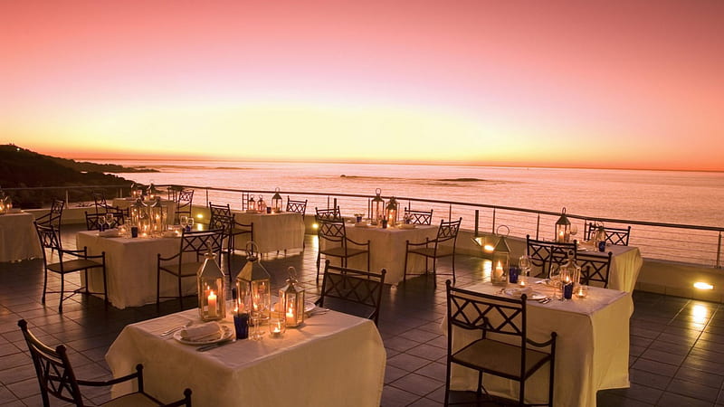 Romantic Evening, dinner, table, restaurant, holiday, evenig, ocean, candles, HD wallpaper