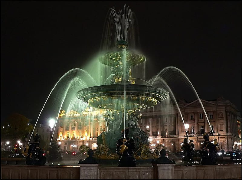 Fountain in Paris, fountain, paris, at night, bonito, HD wallpaper