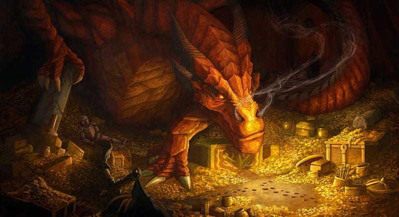 Smaug, the hobbit, art, fantasy, golden, yellow, treasure, dragon, HD wallpaper