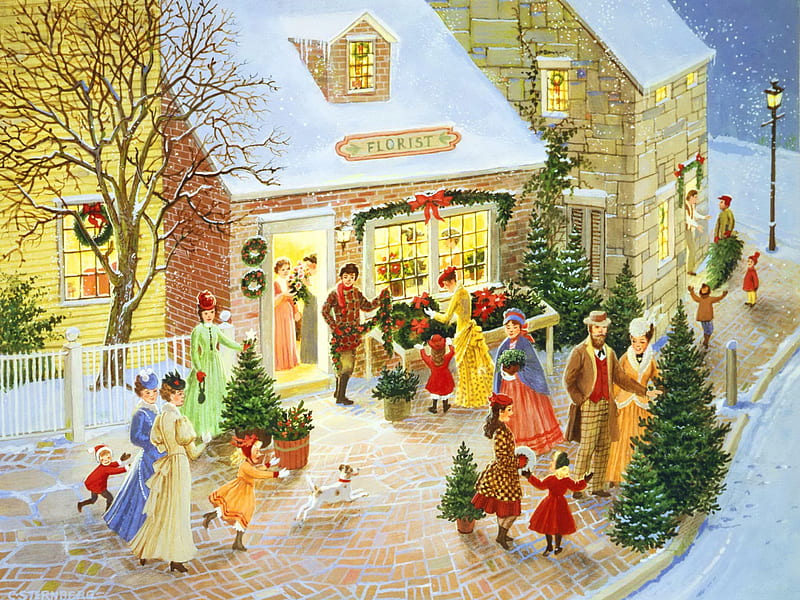 Christmas florist, shop, art, christmas, holiday, florist, town, bonito, mood, market, winter, snow, painting, flowers, village, HD wallpaper
