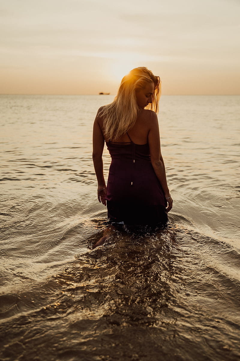 Woman in Black Spaghetti Strap Dress on Water during Sunset, HD phone wallpaper