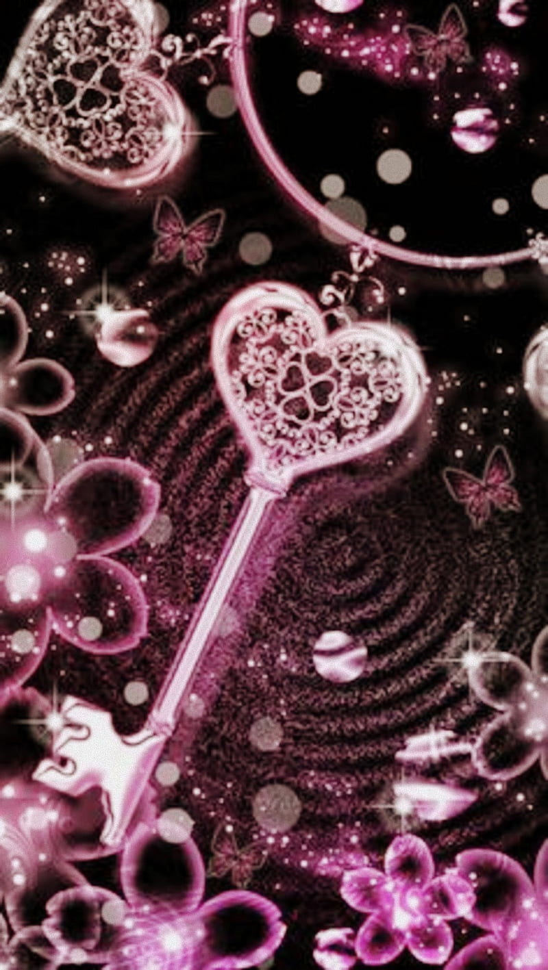 Skeleton key, abstract, flower, pink, pretty, purple, HD phone wallpaper