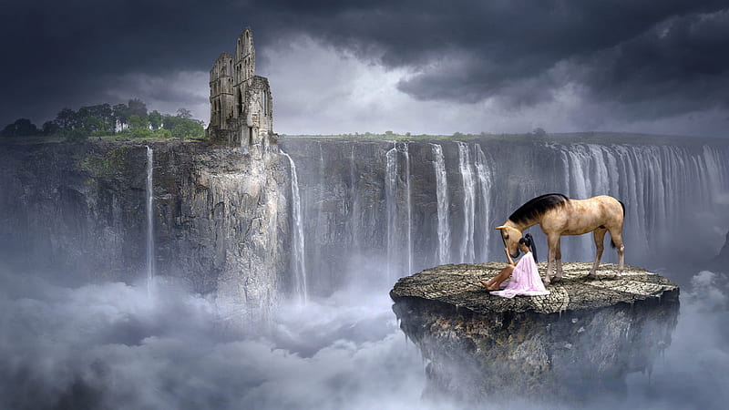 horse, girl, cal, vara, fantasy, summer, waterfall, HD wallpaper