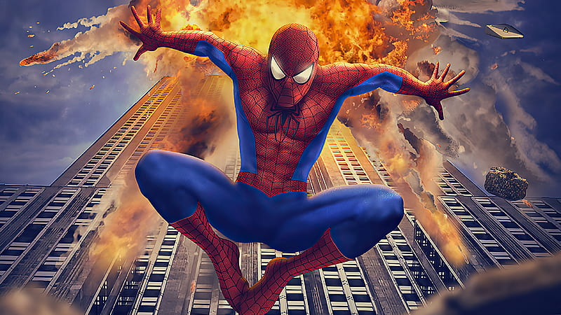 Spiderman Building Blast, spiderman, superheroes, artwork, artist, artstation, HD wallpaper
