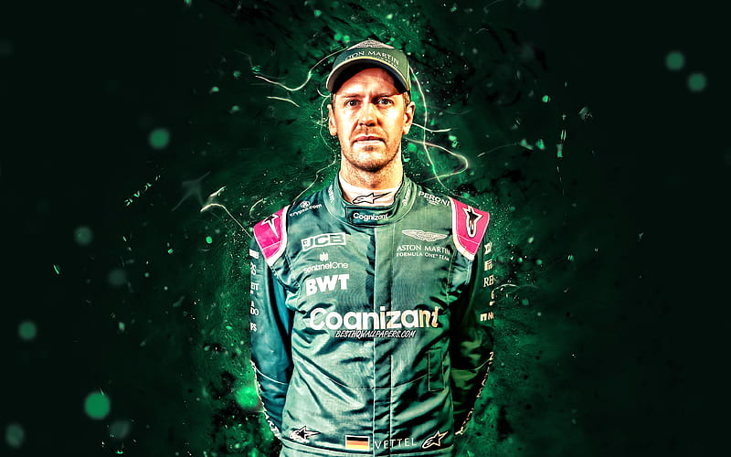 Sebastian Vettel, green neon lights, 2021, Aston Martin F1 Team, german racing drivers, Formula 1, close-up, F1 2021, Sebastian Vettel Aston Martin, Sebastian Vettel, HD wallpaper
