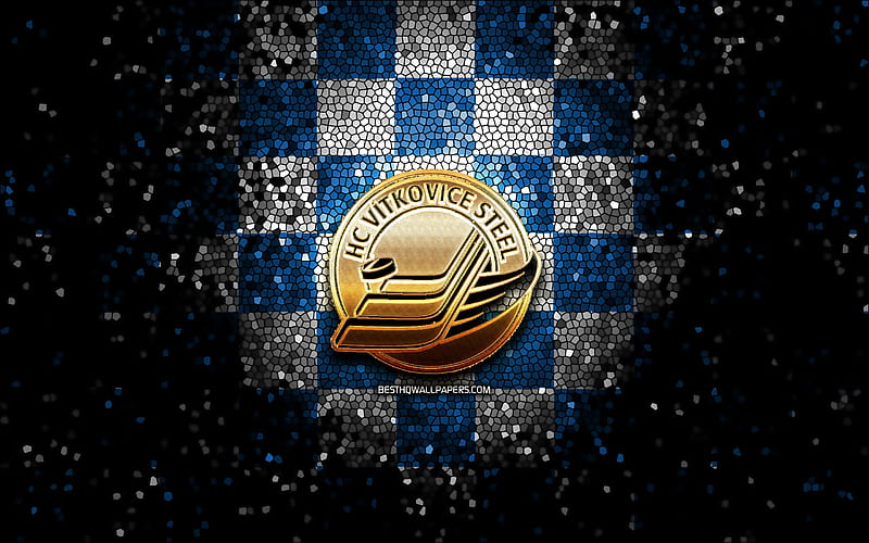 HC Vitkovice Steel, glitter logo, Extraliga, blue white checkered background, hockey, czech hockey team, HC Vitkovice Steel logo, mosaic art, czech hockey league, Vitkovice Steel, HD wallpaper