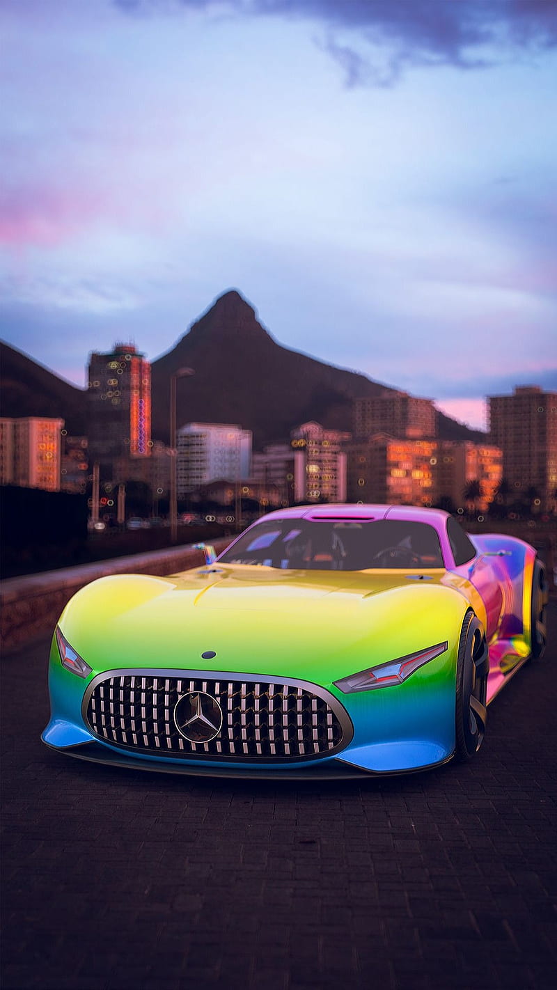Rainbow colors, car, colorful, front, german, germany, mercedes, sport, HD phone wallpaper
