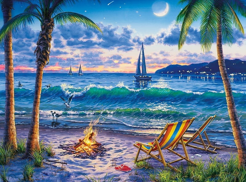 Coastal Twilight, birds, waves, deckchair, sea, beach, fire, boats, sand, water, moon, coast, HD wallpaper