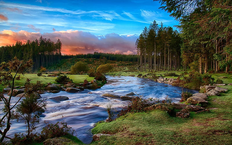 green hills, south west england, river, national park, sunset, devon, evening, shore, forest, dartmoor, HD wallpaper