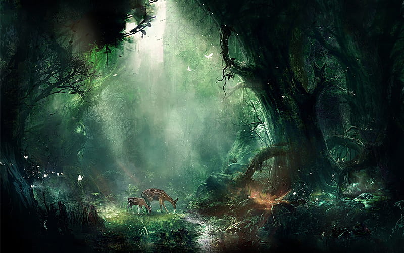 Bambi Jungle, forest, baby deer, bambi, jungle, butterflies, light, disney, HD wallpaper