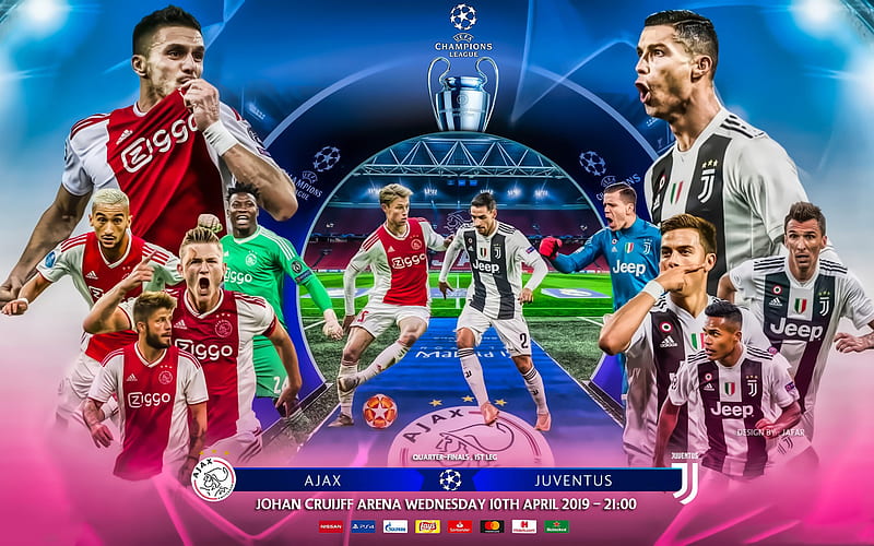 Ajax FC vs Juventus FC, UEFA Champions League, 2019, quarterfinals, promo, creative art, Jafar art, design by Jafar, football match, Juventus, HD wallpaper