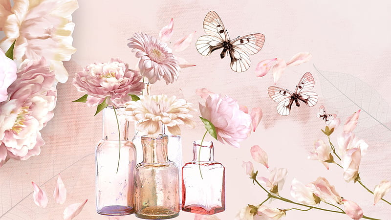 Bottles and Flowers, perfume, sakura, firefox persona, butterflies, peonies, dahlias, flowers, petals, bottles, pink, vintage, HD wallpaper