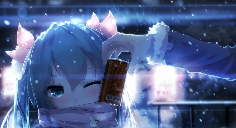 Do you want drink hot coffee ?, vocaloid, hatsune, snow, anime, miku, HD wallpaper