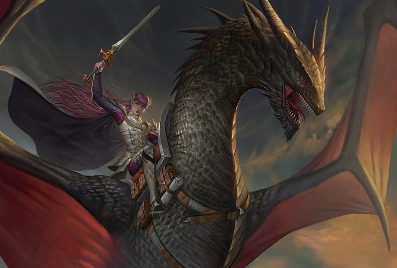 Dragon and prince, art, armor, erick pamungkas, warrior, luminos, man, dragon, sword, fantasy, HD wallpaper