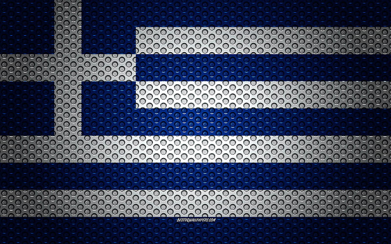 Flag of Greece creative art, metal mesh texture, Greek flag, national symbol, Greece, Europe, flags of European countries, HD wallpaper