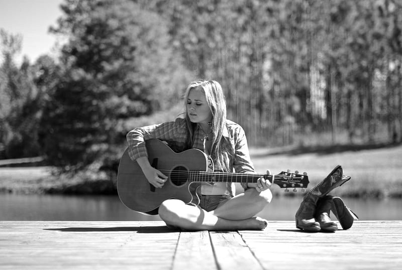 Cowgirl~Cary Laine, cowgirl, boots, pier, black and white, blonde, trees, singer, lake, songwriter, water, guitar, Cary Laine, HD wallpaper