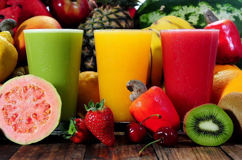 Fruit juice, Juice, Drink, Strawberry, Glass, Food, Redcurrant, Kiwi, HD wallpaper