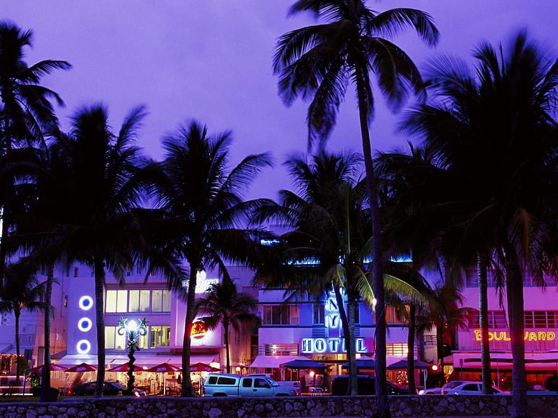 Art-Deco-District-South-Beach-Miami-Beach.-Florida-USA., house, miami, colors, palm, bulding, trees, sky, carros, beach, neon, nature, blue, HD wallpaper