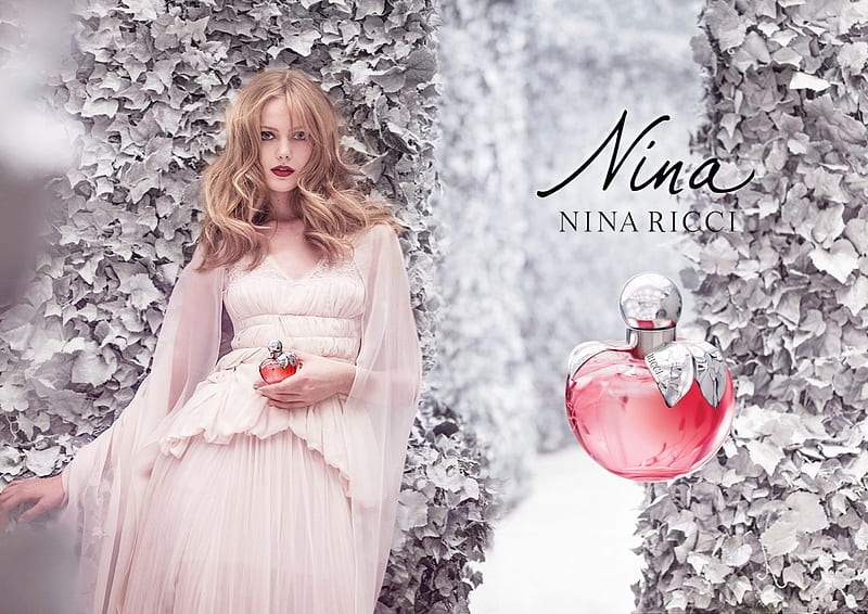 Nina, bottle, woman, pink, perfume, nina ricci, model, Frida Gustavsson, blonde, winter, girl, HD wallpaper