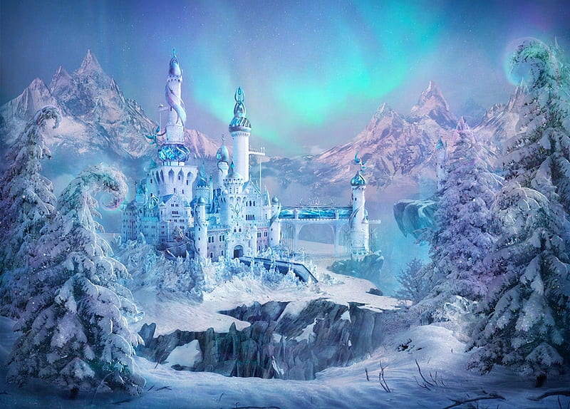 The Castle Of The Snow Queen, art, towers, mountains, trees, winter, HD wallpaper