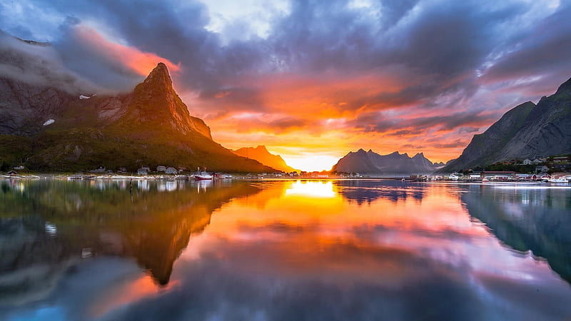 Midnight Sun, Lofoten, Norway, mountains, sea, rocks, stones, sun, reflections, scandinavia, HD wallpaper