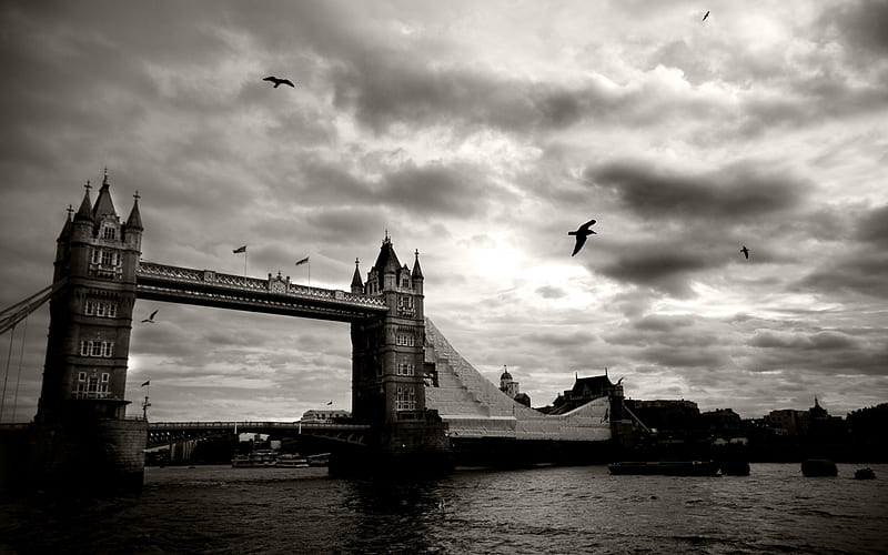 You've got to love London, architecture, medieval, buildings, london, black and white, tower bridge, clouds, sky, HD wallpaper