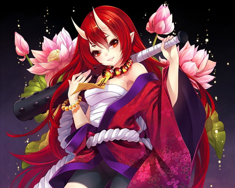 Red Oni, pretty, lotus, cg, redhead, bonito, floral, sweet, nice, anime, yukata, hot, beauty, anime girl, long hair, female, lovely, red hair, kimono, sexy, girl, horn, flower, devil, HD wallpaper