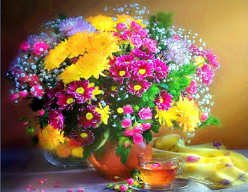 Tea & flowers for Carol, colors, yellow, tea, green, cup, flowers ...