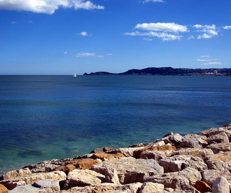 Javea, mountain, rocks, water, boat, nature, sky, sea, blue, HD wallpaper