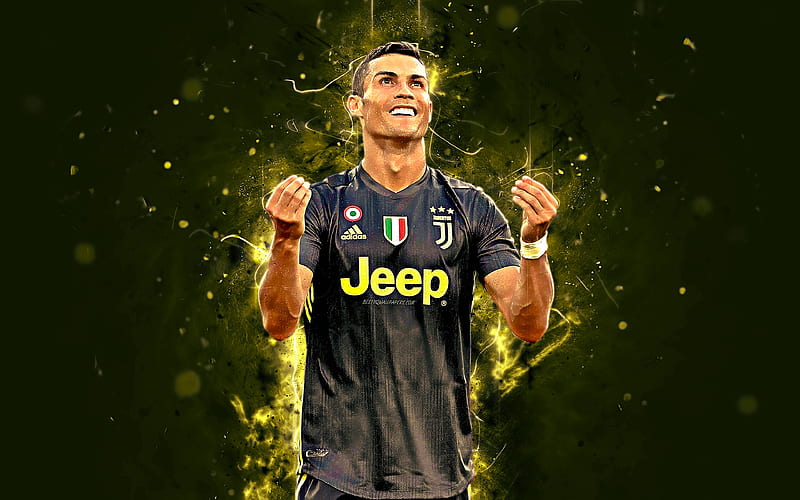 Cristiano Ronaldo, black uniform, CR7 Juve, abstract art, Juventus, soccer, Serie A, Ronaldo, CR7, neon lights, footballers, Juventus FC, Bianconeri, creative, HD wallpaper