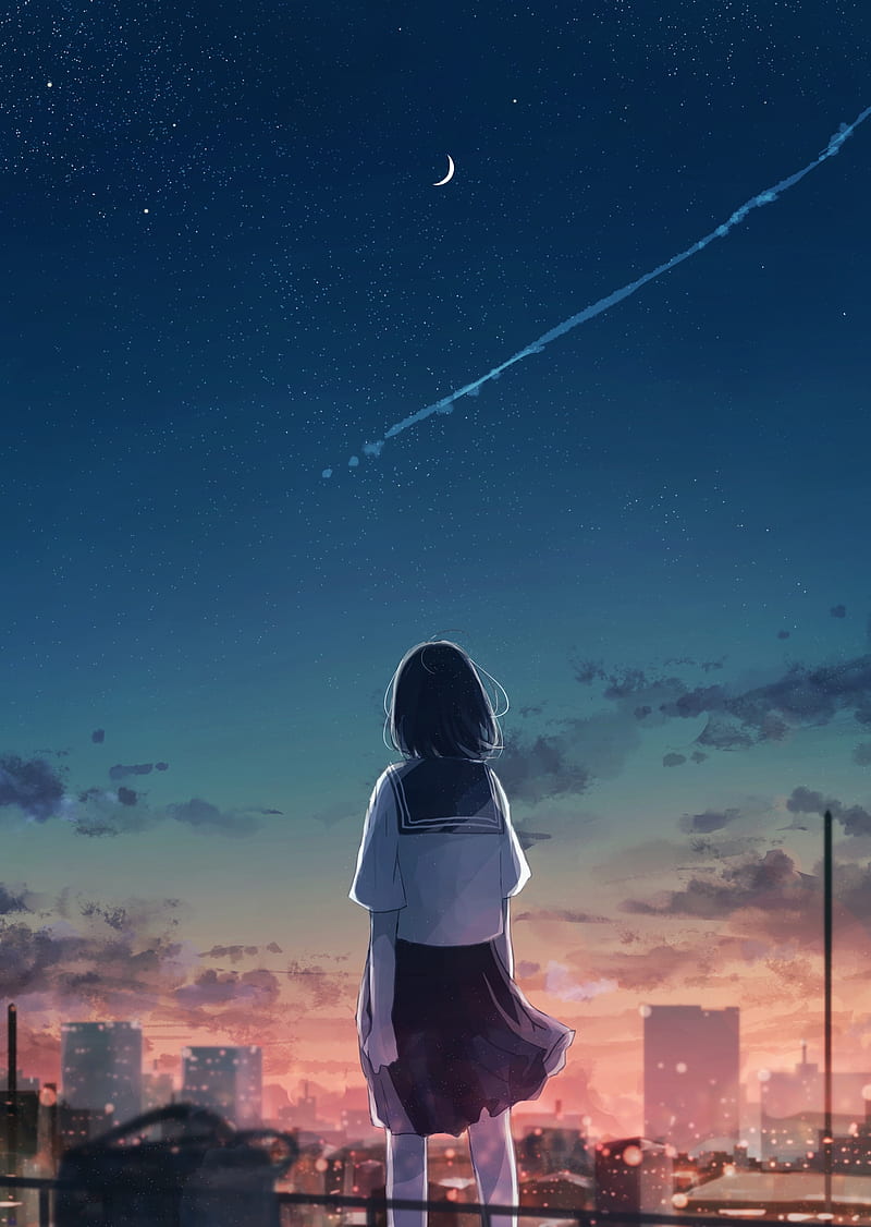 anime landscape, crescent, falling star, school girl, scenic, Anime, HD phone wallpaper