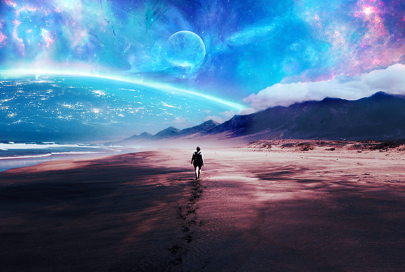 woman, walking, planet, stars, outer space, manipulation, Sci-fi, HD wallpaper