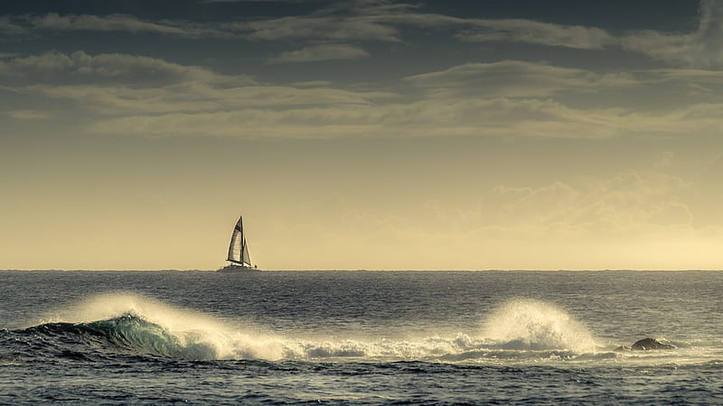 sailboat beyond the waves, horizon, waves, sailboat, ocean, HD wallpaper