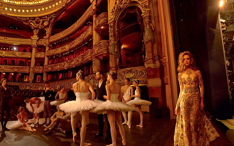 Natalia Vodianova, ballerina, girl, model, tutu, white, woman, theater, HD wallpaper
