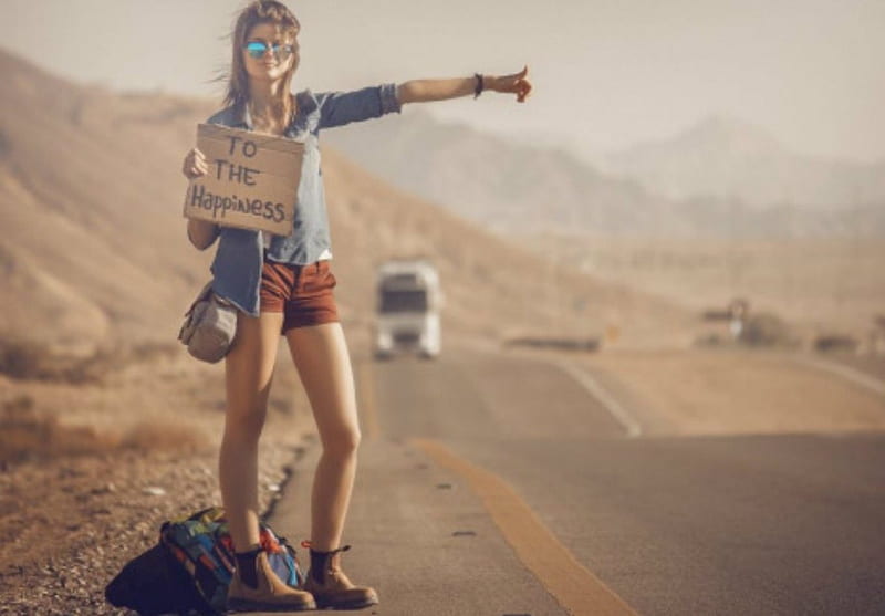 The Way To Happiness, Girl, Hitch-hiking, Thumbing, Road, HD wallpaper