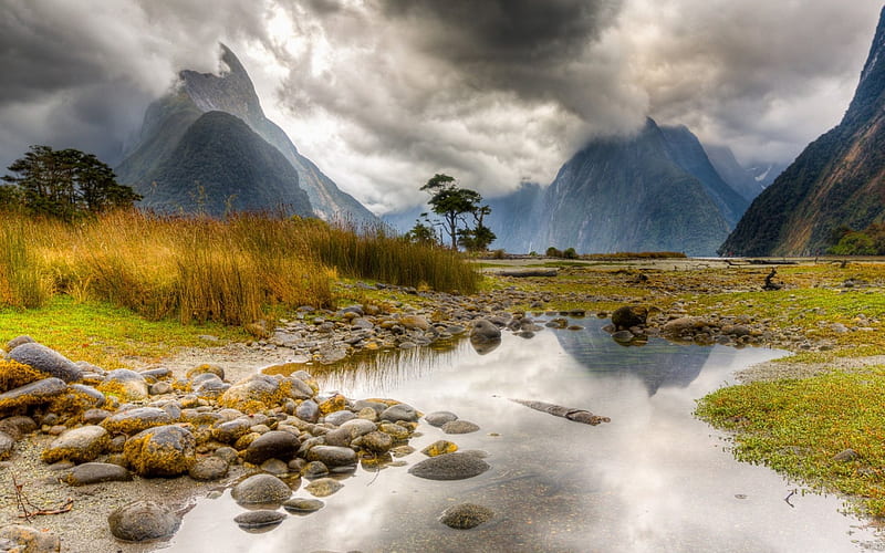 Milford Sound, New Zealand, rocks, stones, river, clouds, sky, landscape, HD wallpaper