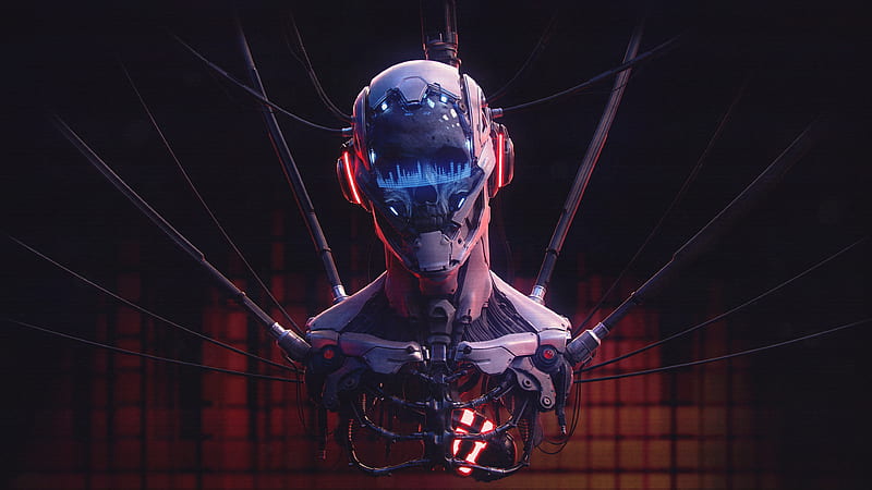 futuristic robot, nano glasses, music visualizer, cables, skeleto, Sci-fi, HD wallpaper