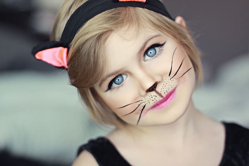Little kitty, face, girl, cat, child, makeup, little girl, childhood, blonde, cute, copil, halloween, HD wallpaper