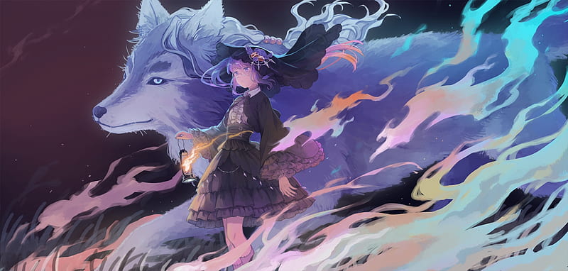 Gothic anime girl, wolf, creature, purple eye, lantern, lolita, Anime, HD  wallpaper | Peakpx
